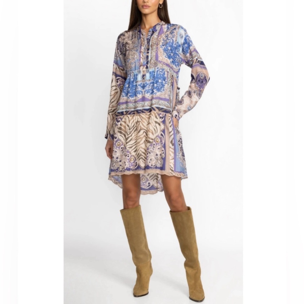 Johnny Was Blue Cream Printed Long-Sleeve Mini Dress